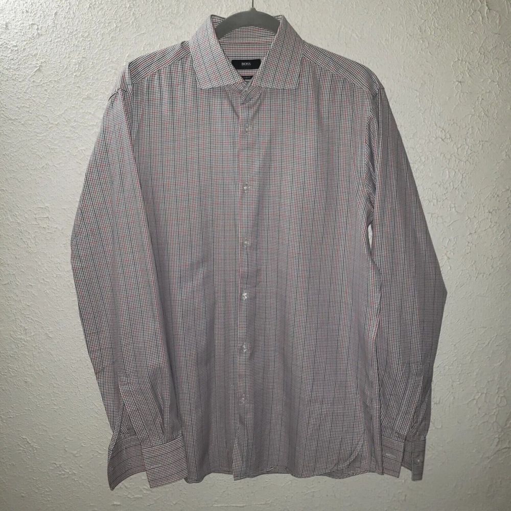 Hugo Boss Sz M (41 / 16) Slim Fit Men's Black Red Plaid Button Down Dress Shirt